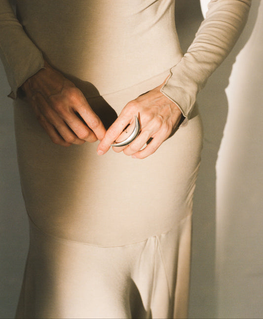 Sterling silver Moon Ring by RIVERLAKE with a textured crescent design and a polished finish.