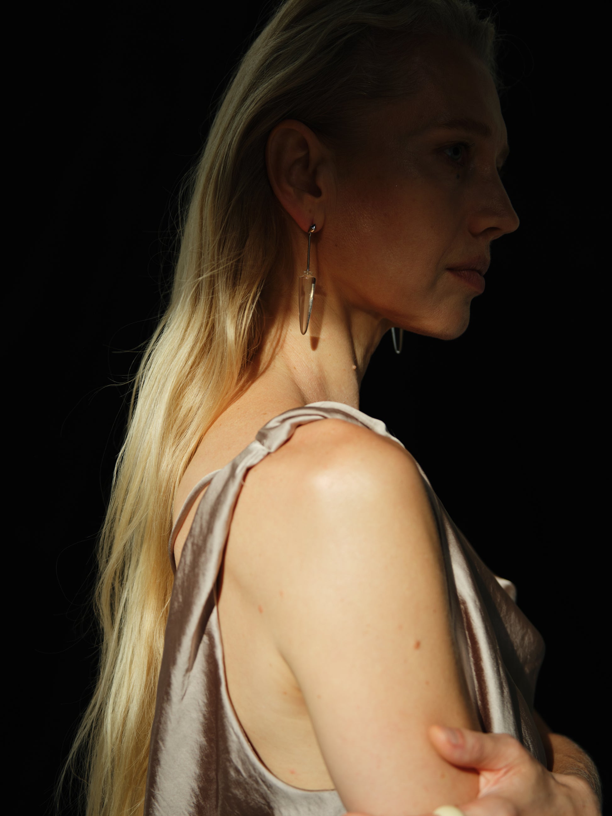 RIVERLAKE Phial of Light Earrings featuring shimmering quartz stones and elegant metal design.