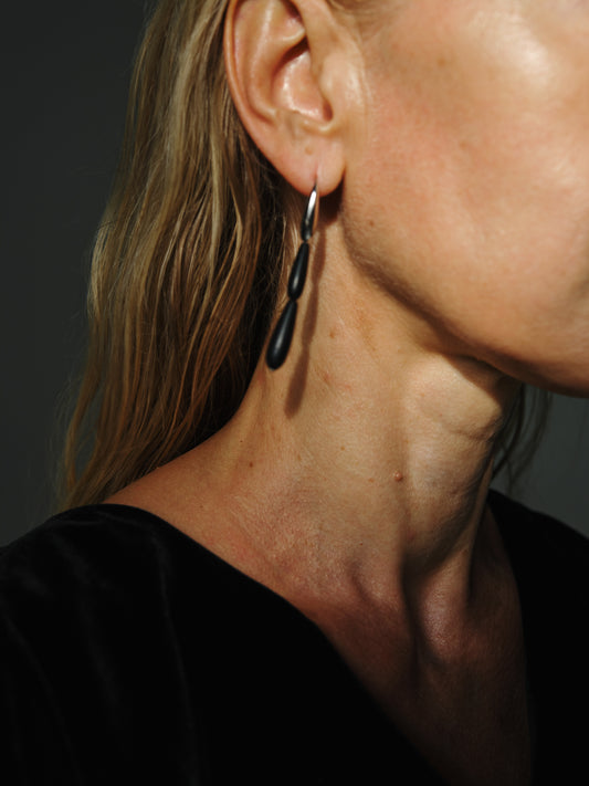 Black buffalo horn short spring earrings by RIVERLAKE, showcasing a sleek, modern design perfect for everyday wear.