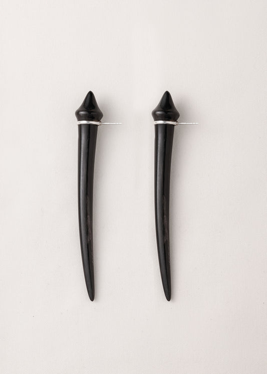 Long black buffalo horn tooth earrings by RIVERLAKE, showcasing a sleek, elongated design for a modern look.