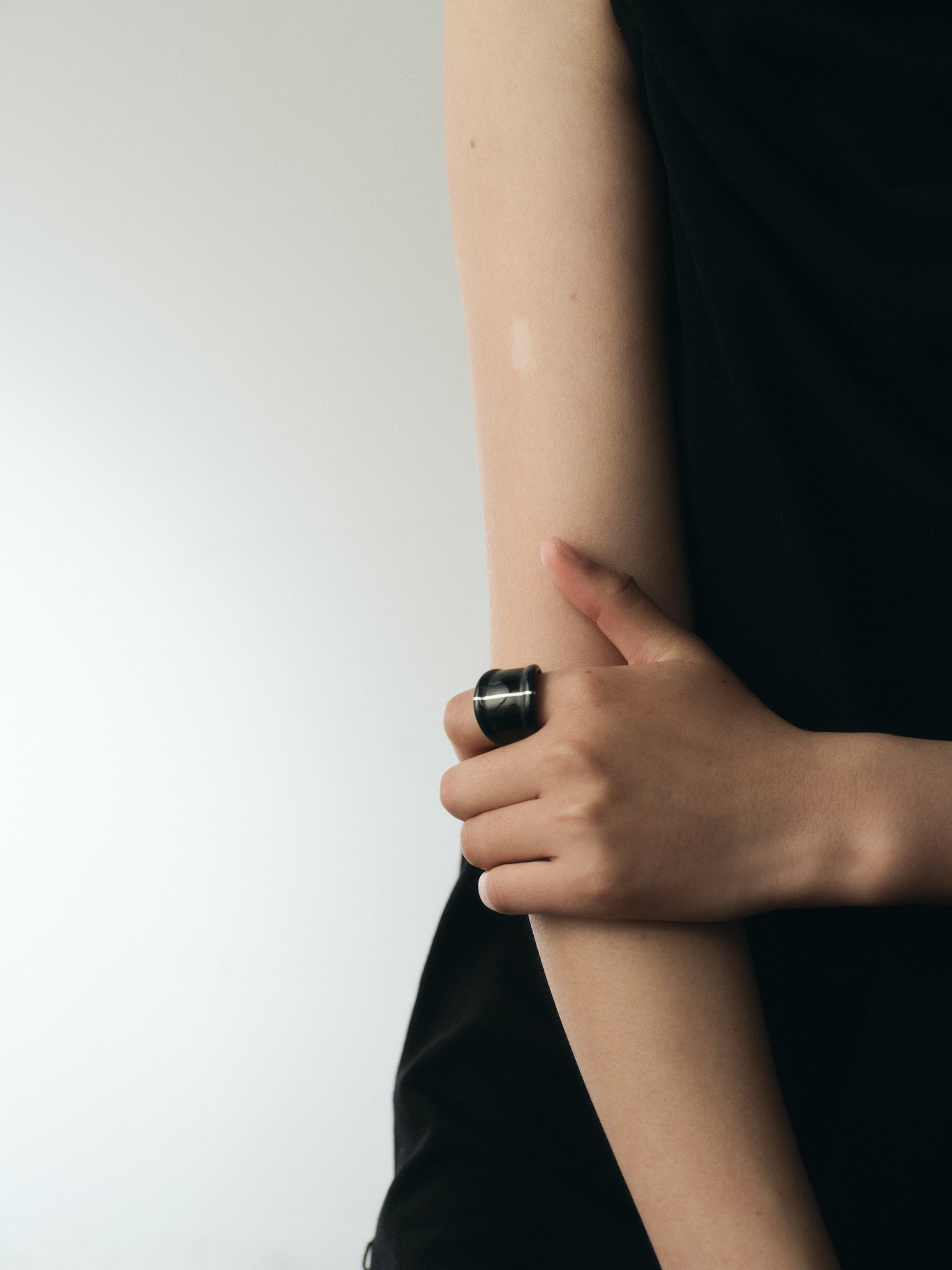 Muted Ridge Ring by RIVERLAKE featuring black buffalo horn with elegant silver inlay design.